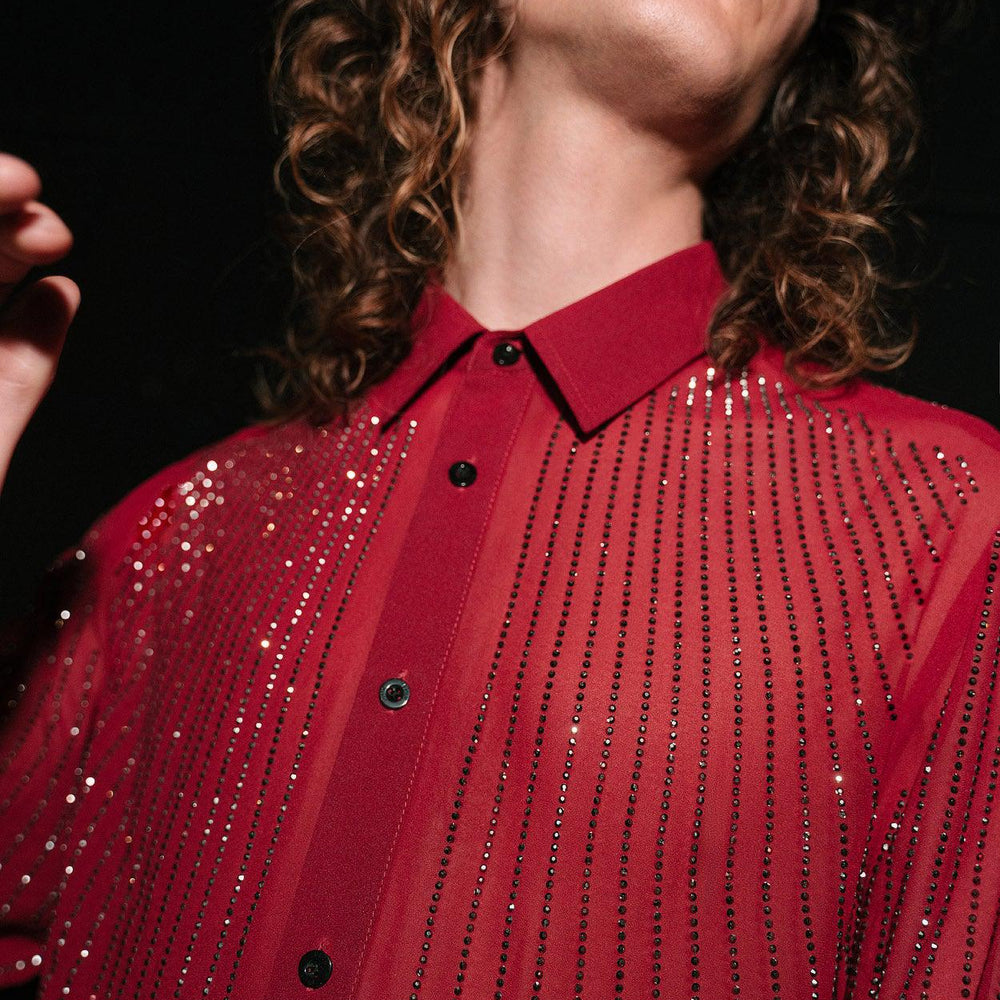 Red Chiffon Sequin Button Down Shirt