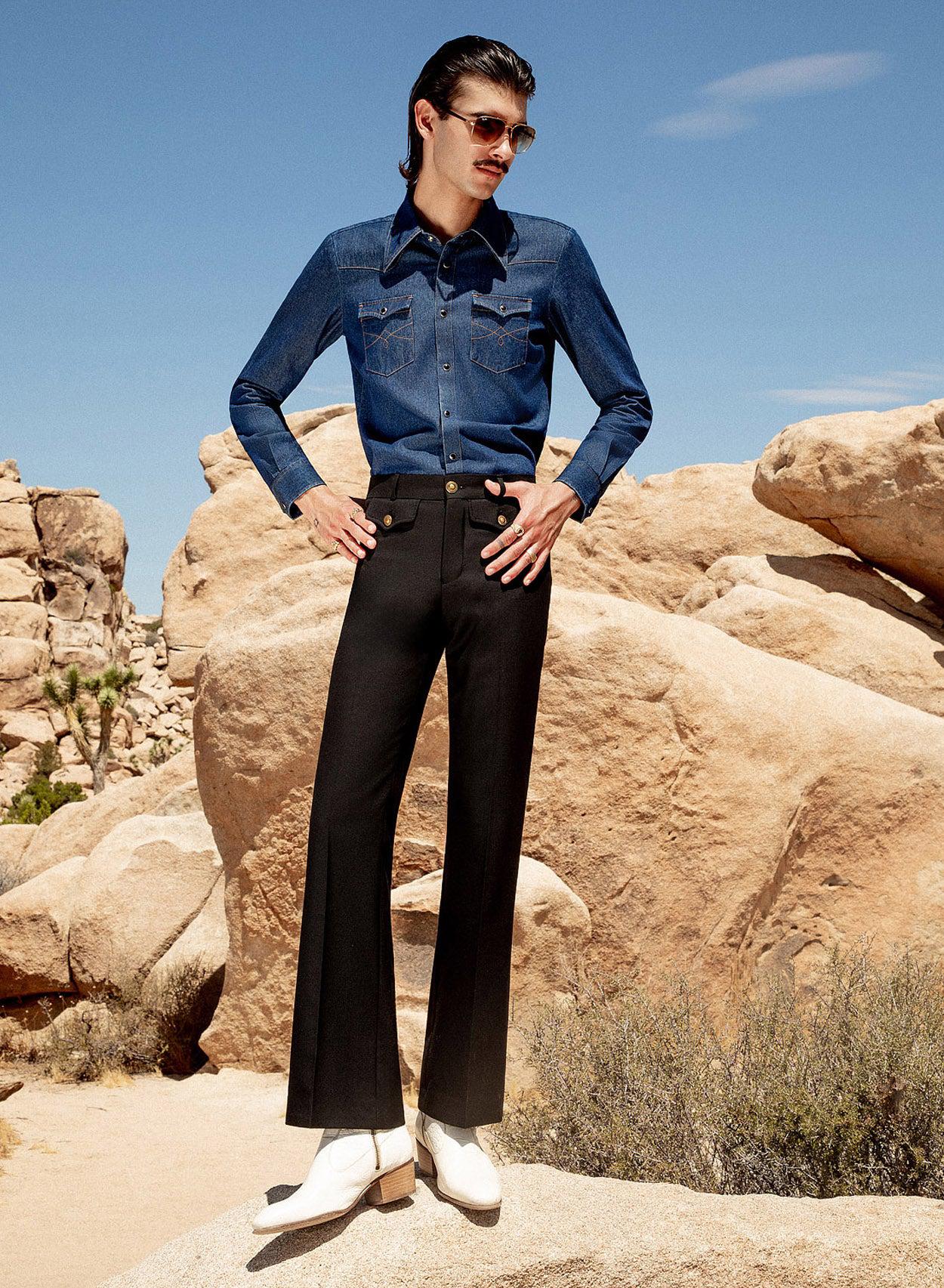 Indigo denim on denim + 70s flare  Wide leg jeans outfit, Fashion