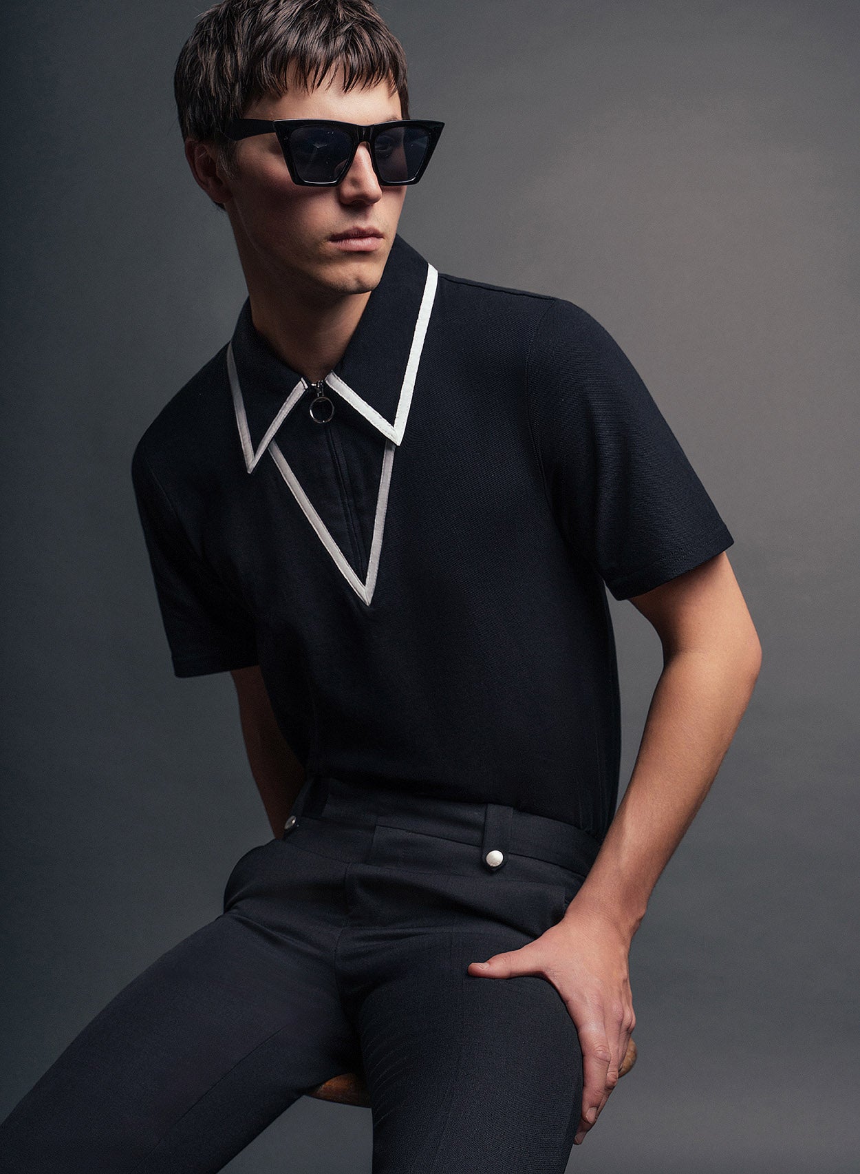 Black Carnaby Circle Zip Cotton Phix Shirt ‐ Polo