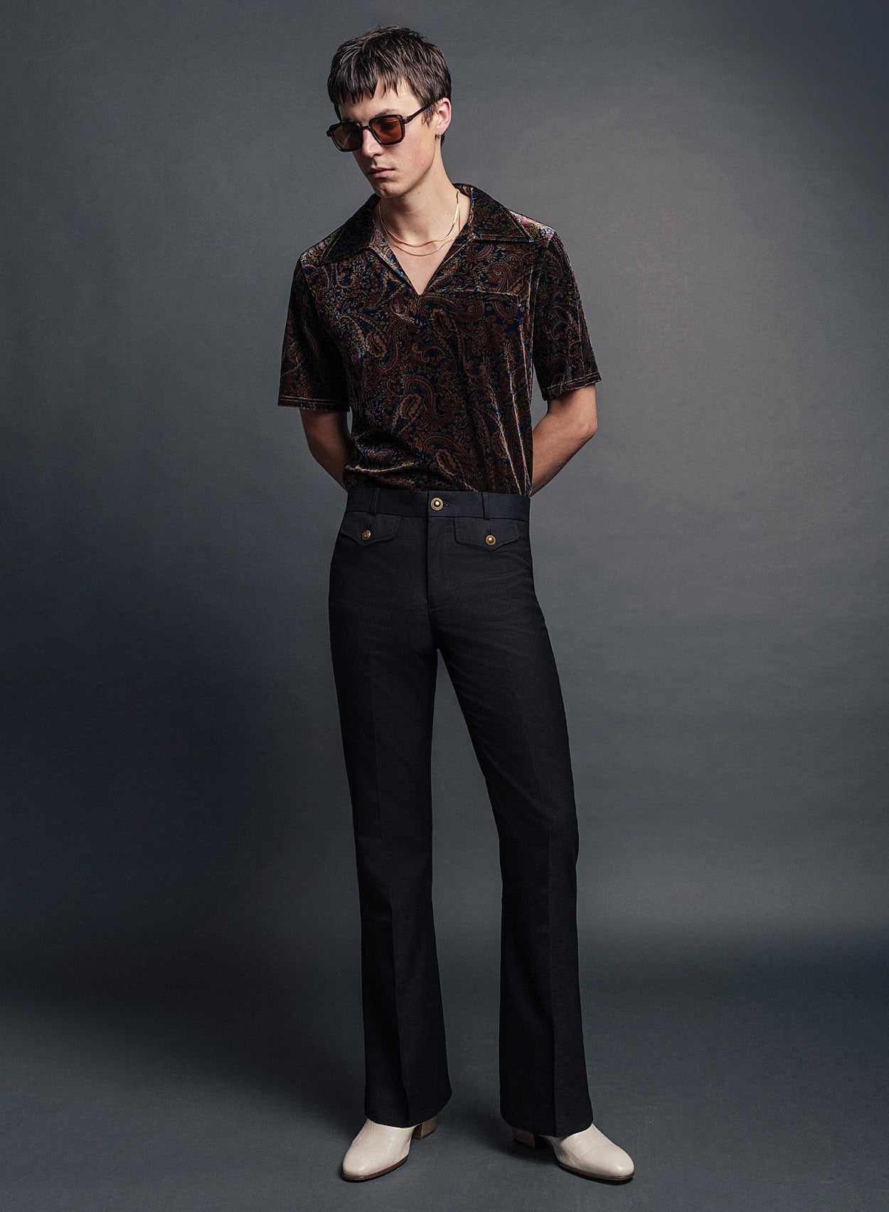 Black Wool Gold Button Flare Trouser