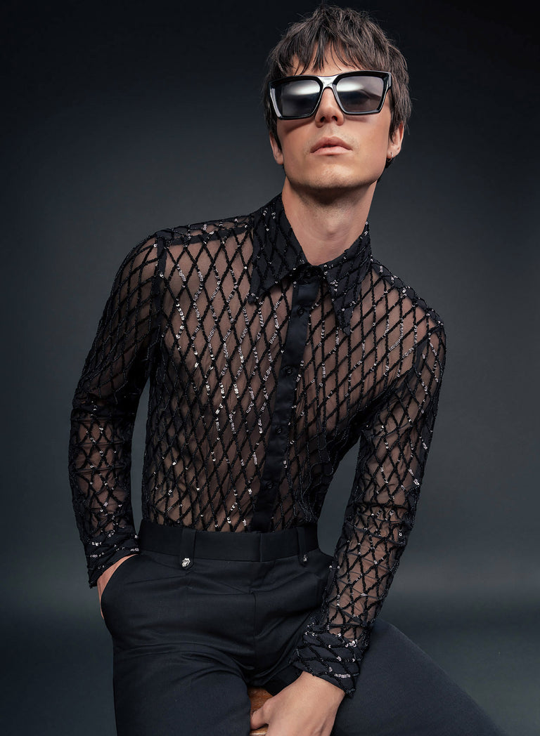 Black Diamond Sequin Embellished Lace Shirt Phix