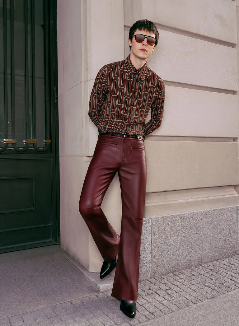 Burgundy Red Leather Flare Bell Bottom Trousers Phix