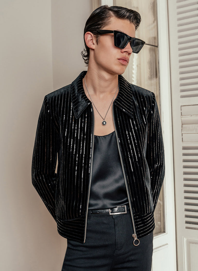 Black velvet leather jacket hot sale