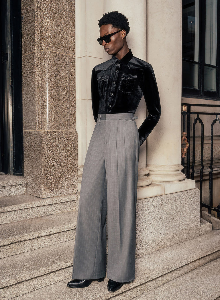 Grey Pin Stripe Side Buckle Wide Leg Flare Wool Trousers Phix