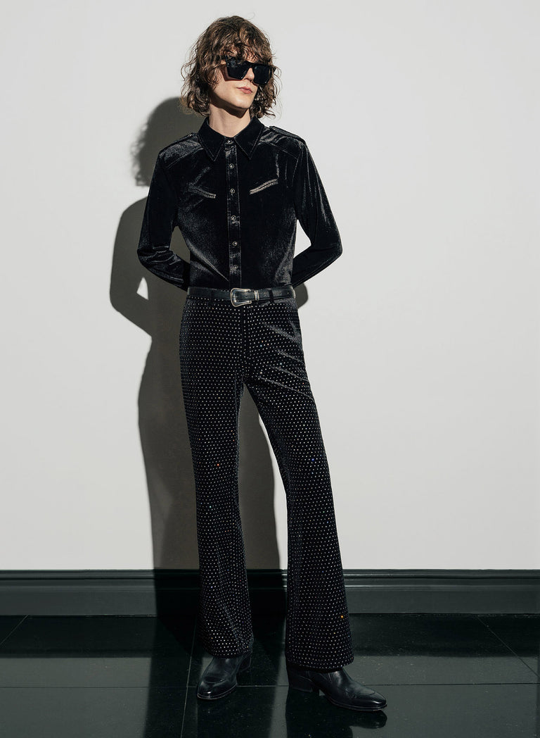 Black velvet flared sales trousers