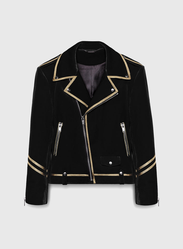 Black Velvet Military Gold Trim Biker Jacket ‐ Phix