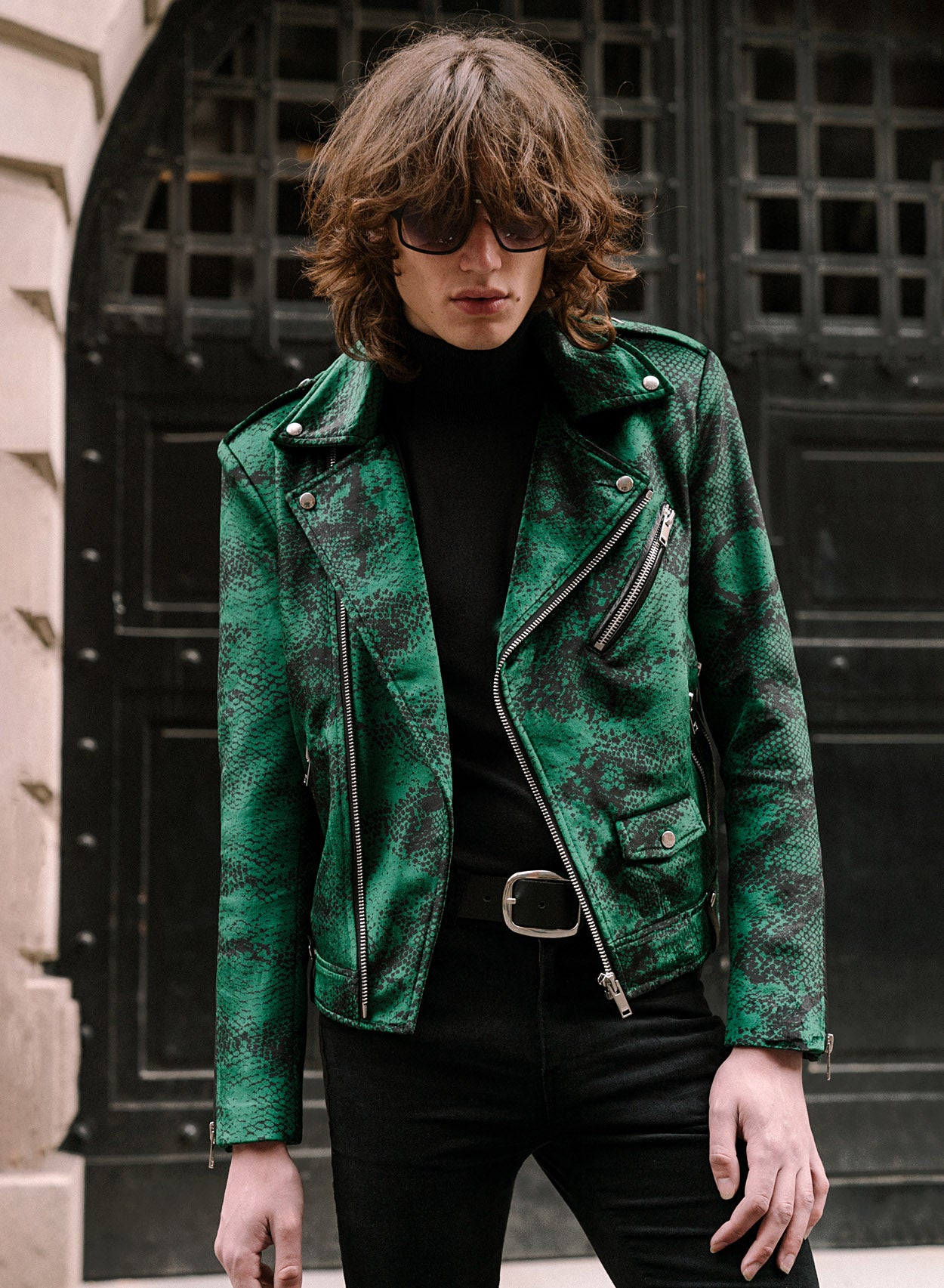 Green Snake Print Velvet Biker Jacket ‐ Phix Clothing