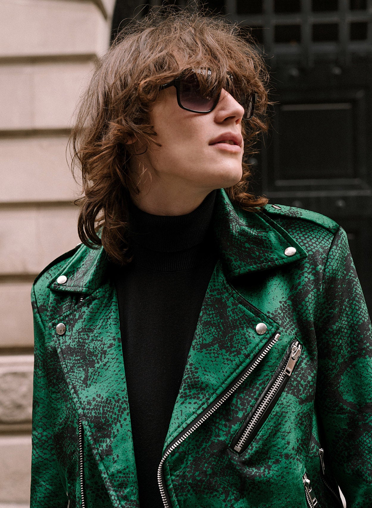 Green Snake Print Velvet Biker Jacket ‐ Phix Clothing